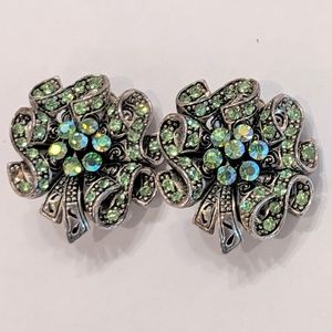 Vintage Green Rhinestone Clip On Earrings